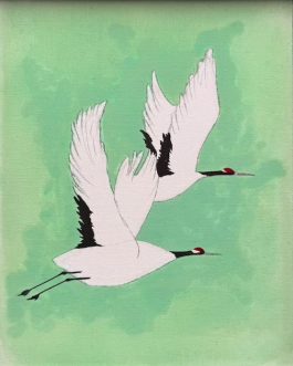 Kraanvogels in mistgroen